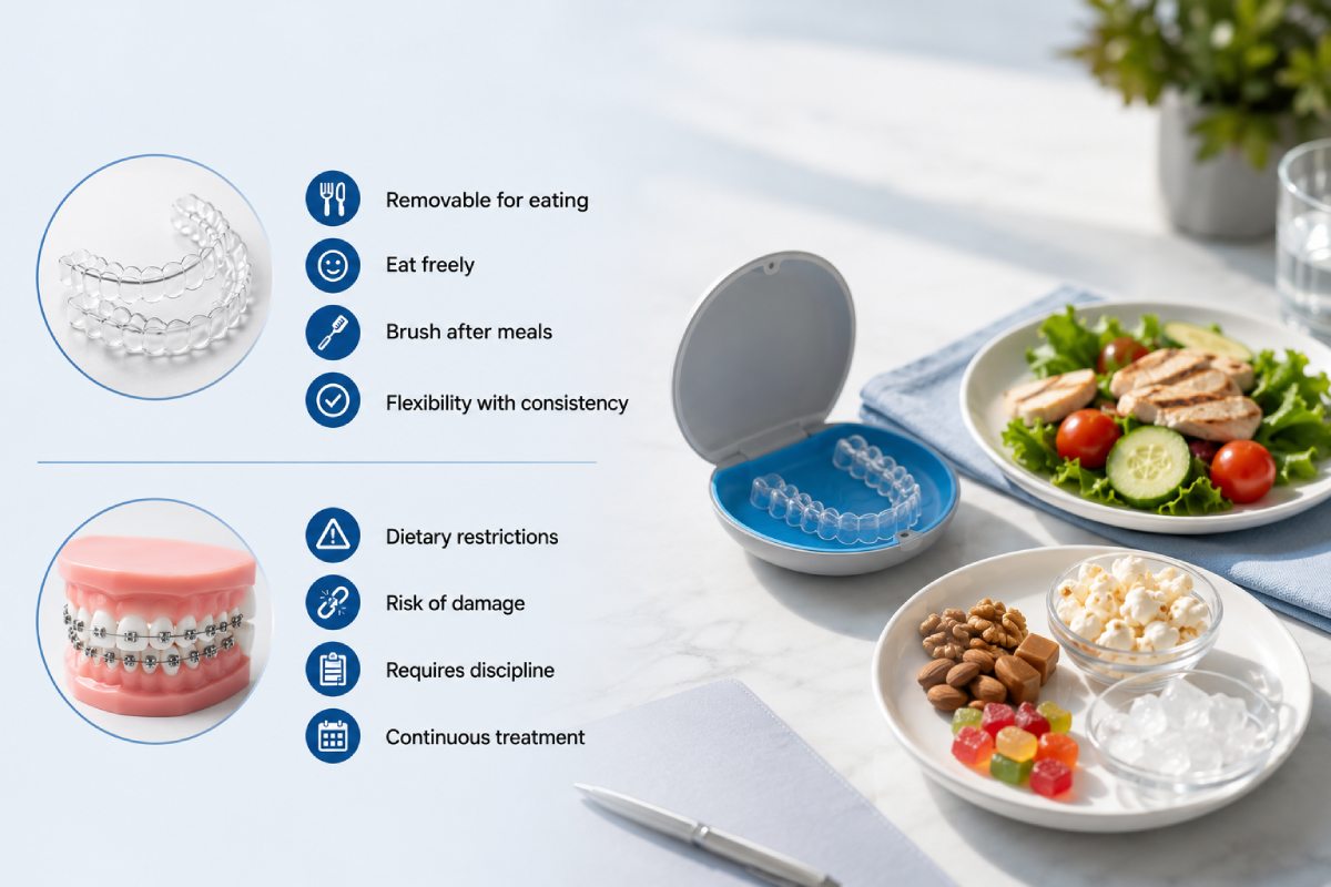 Complete Guide to Invisible Aligners vs Metal Braces in 2026: Cost & Results Guide 1 Lifestyle impact- Invisible Aligners vs Metal Braces