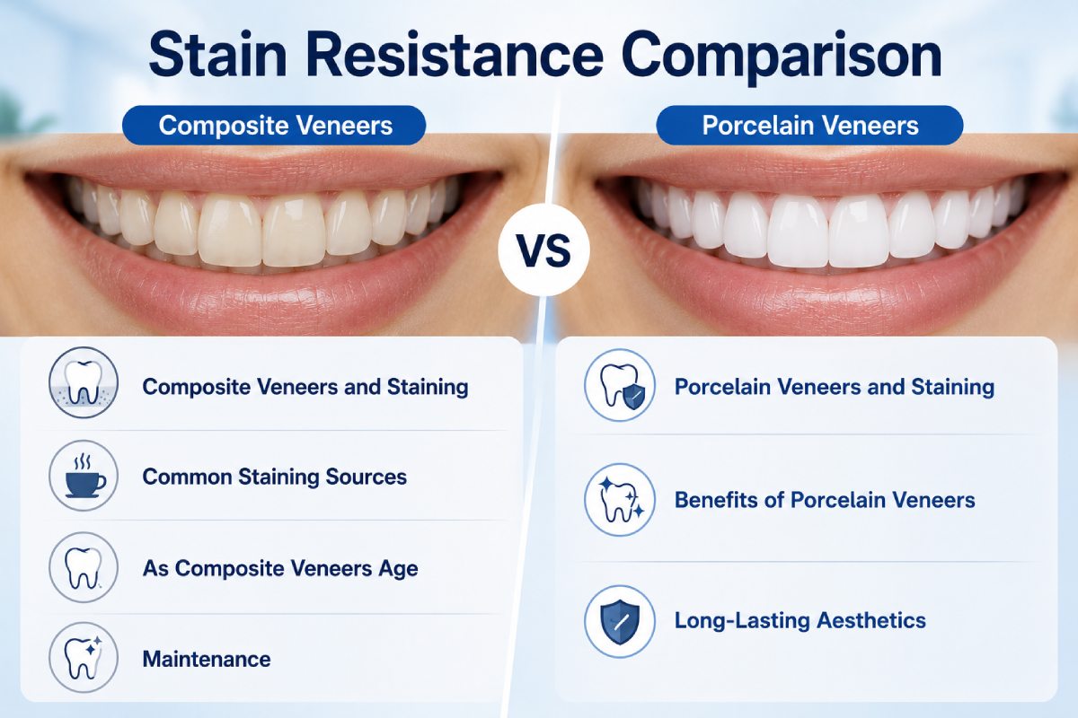 Composite Veneers vs Porcelain Veneers: Cost, Durability, Appearance & Maintenance Compared 1 Stain Resistance Comparison of veneers
